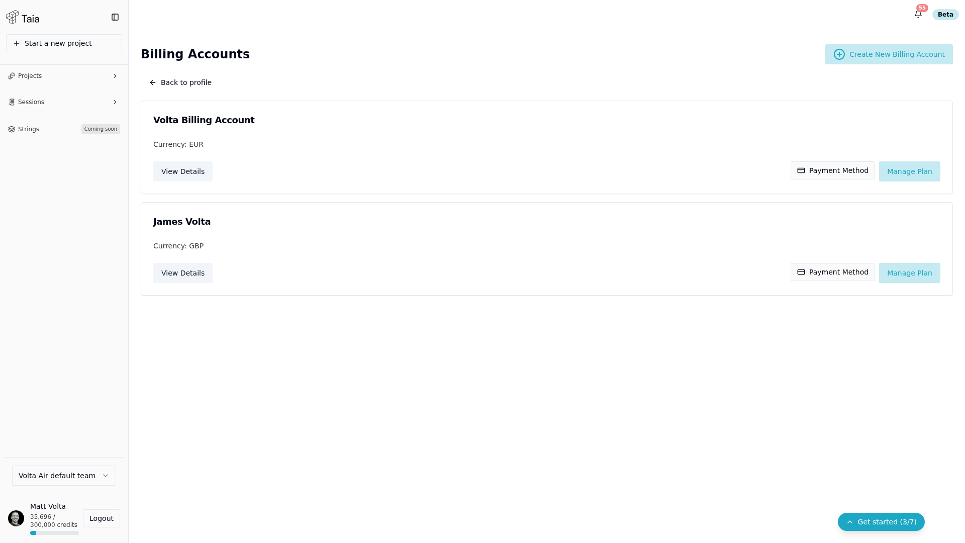 Billing Accounts list — Payment Method and Manage Plan buttons per account