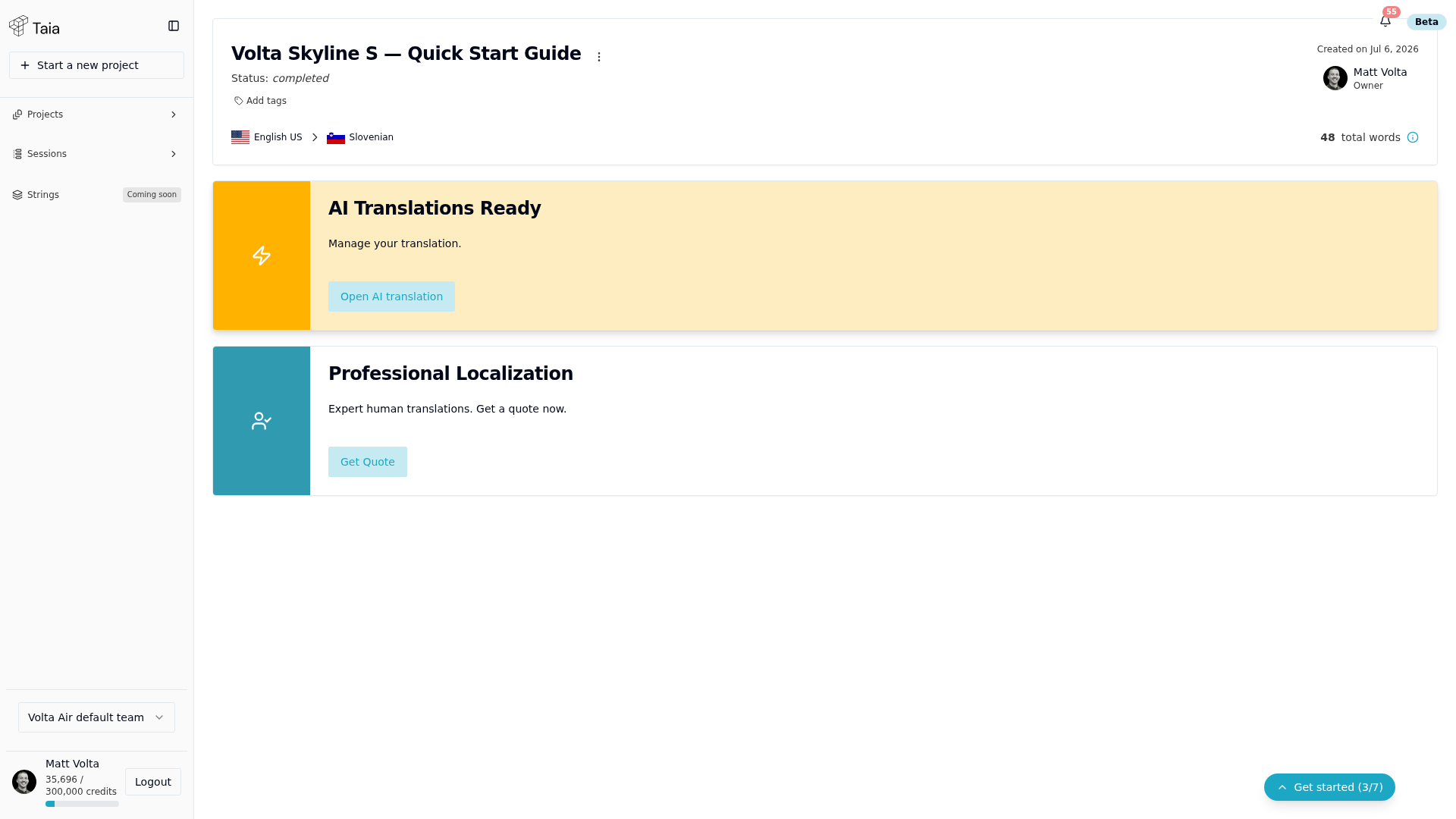 Project details page — Professional Localization card with Get Quote button