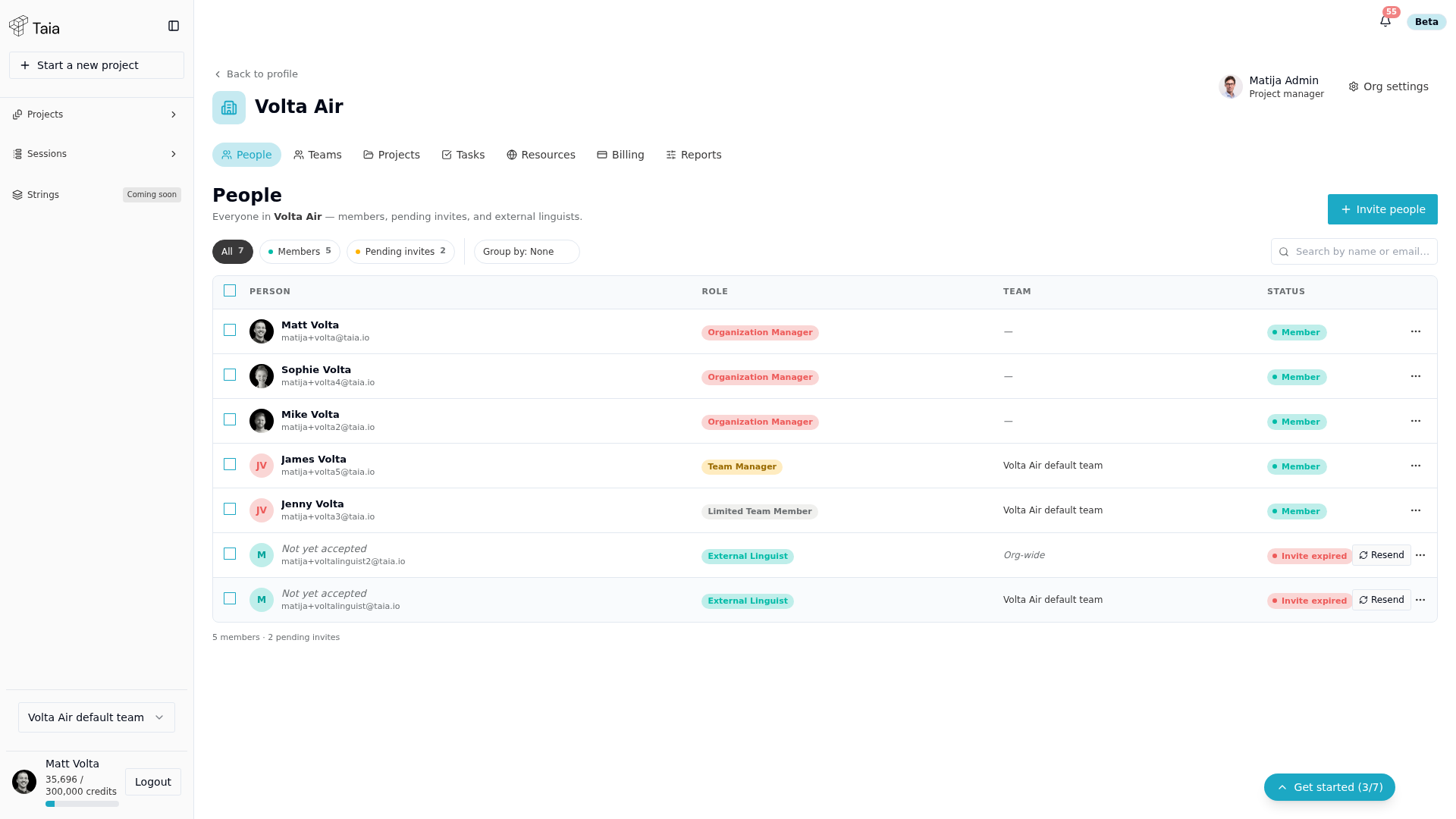 Organization People tab — each row has a ... menu with a Remove option