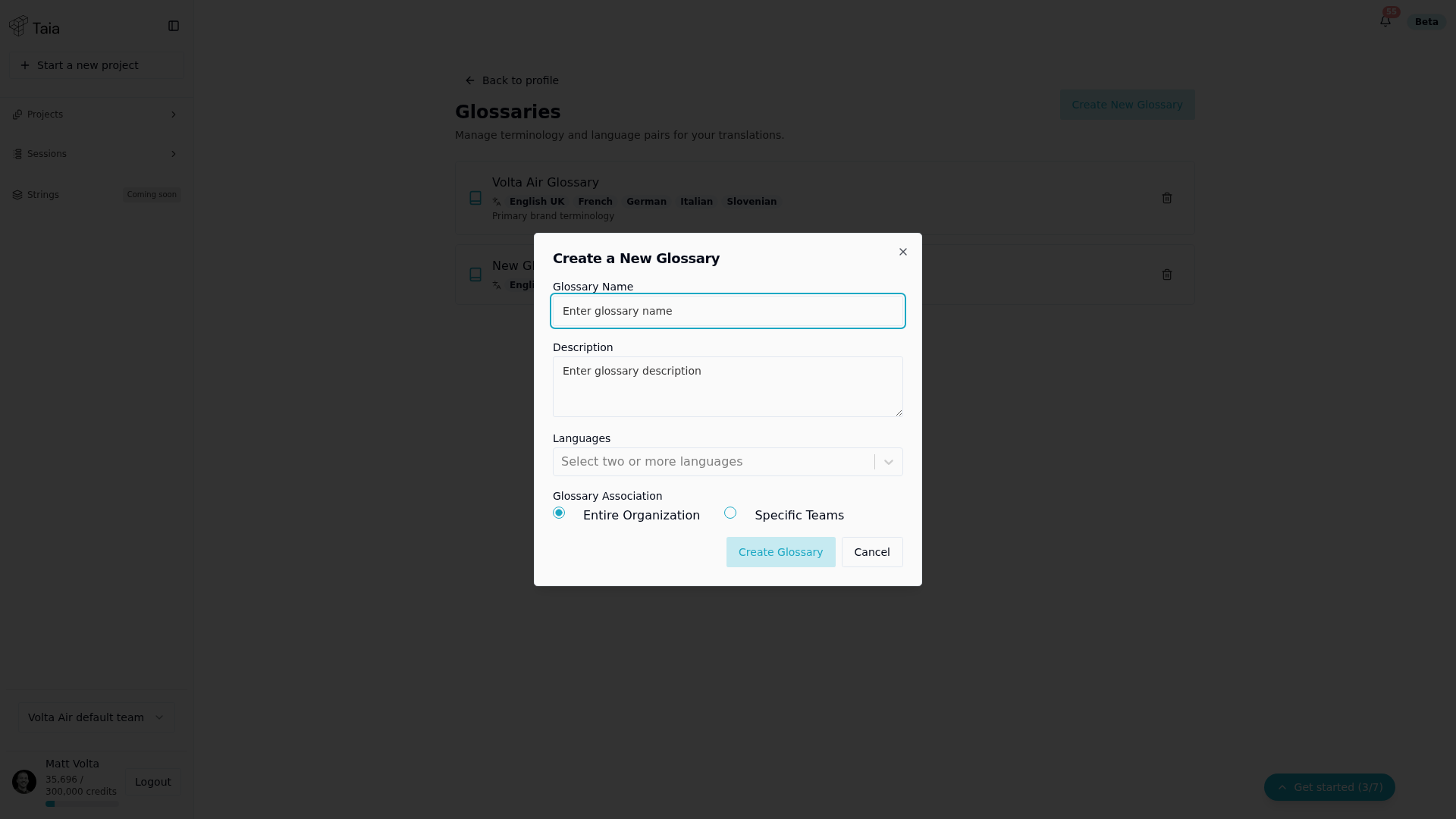 Create Glossary dialog — name and language fields