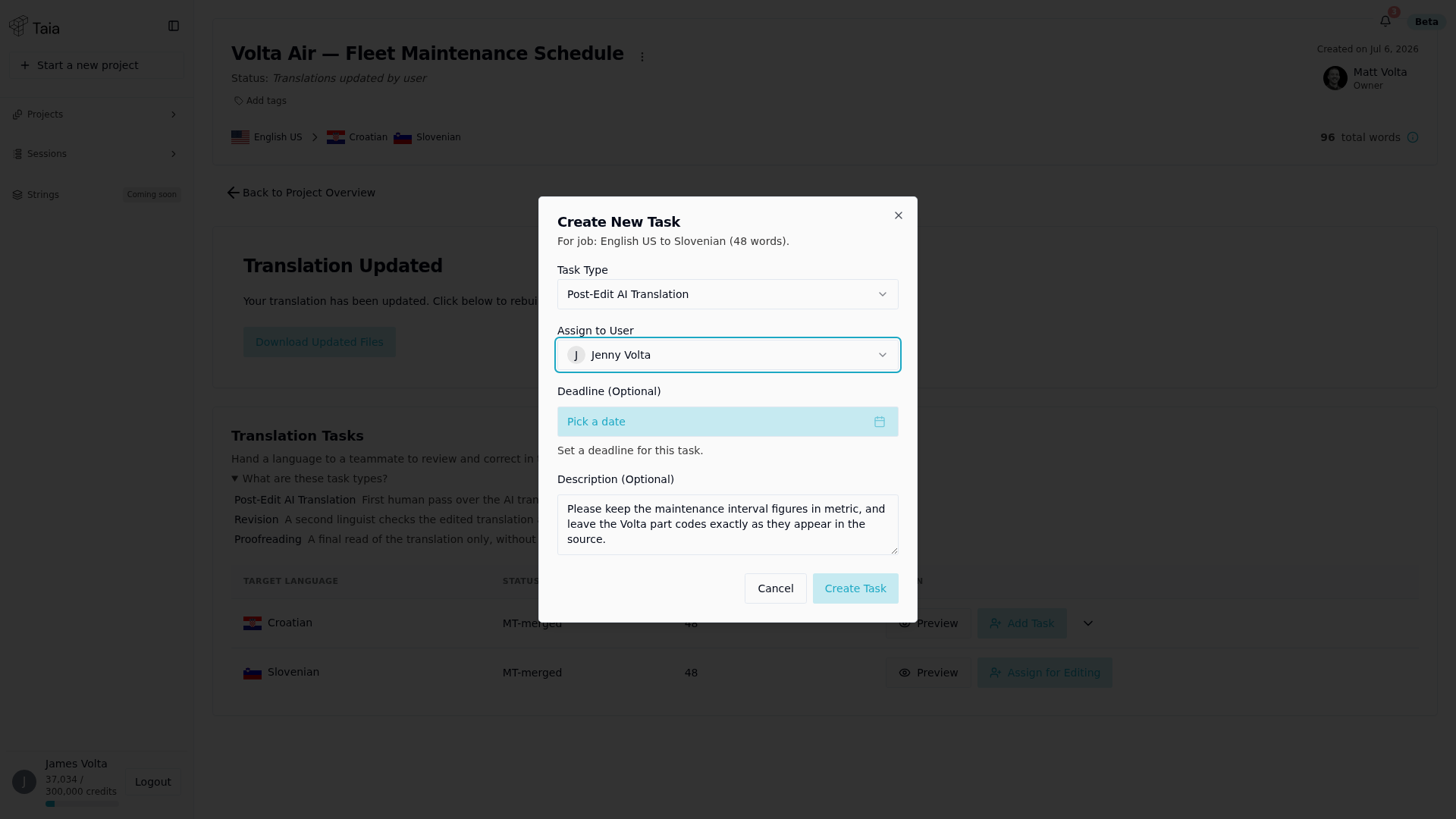 Create New Task dialog — task type, assignee, deadline, and description