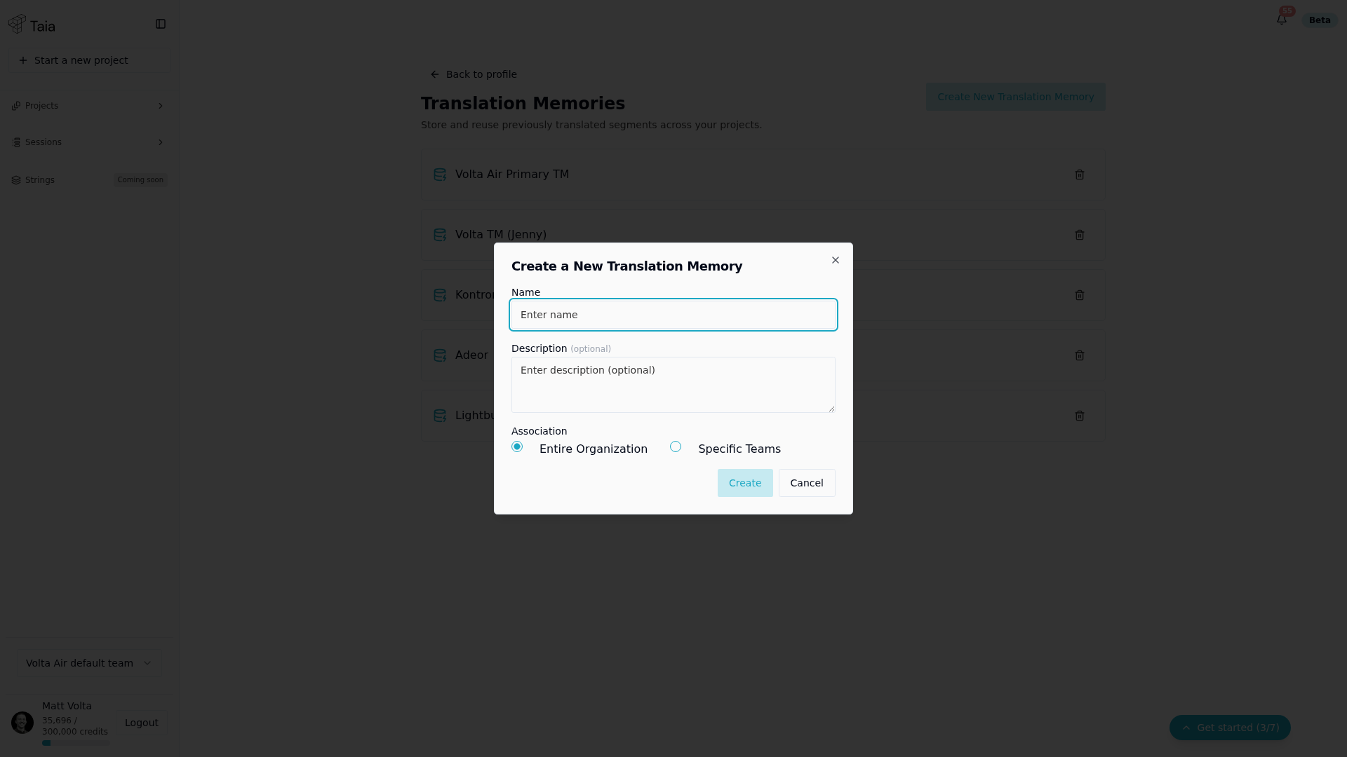 Create a New Translation Memory dialog — name, description, and organization/team association