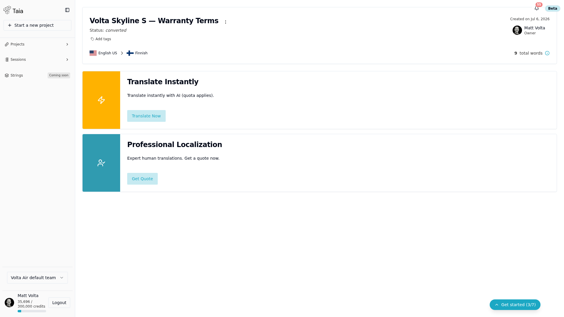 Project details page — Translate Instantly + Professional Localization cards