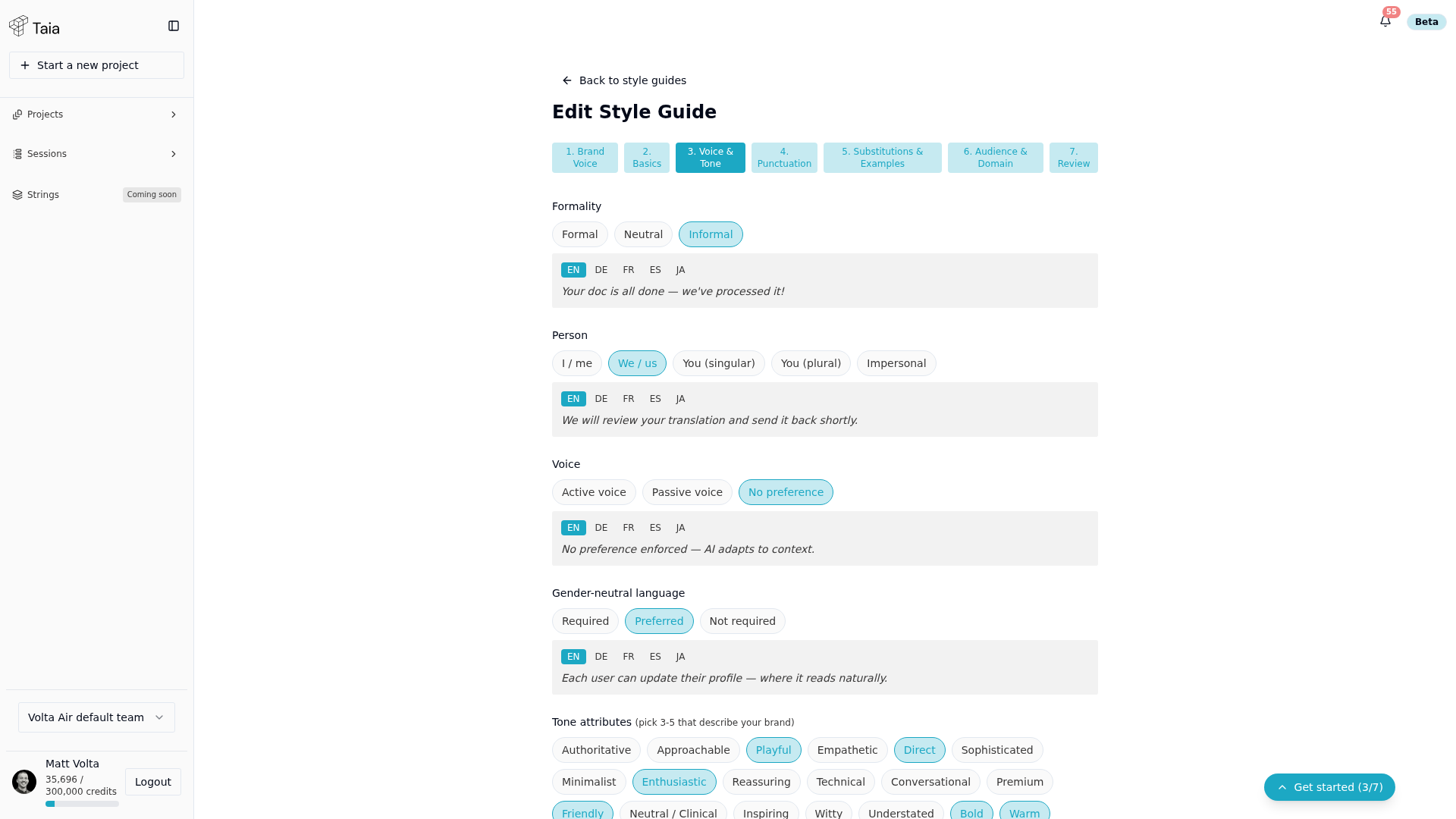 Style guide wizard — Voice & Tone step, in edit mode