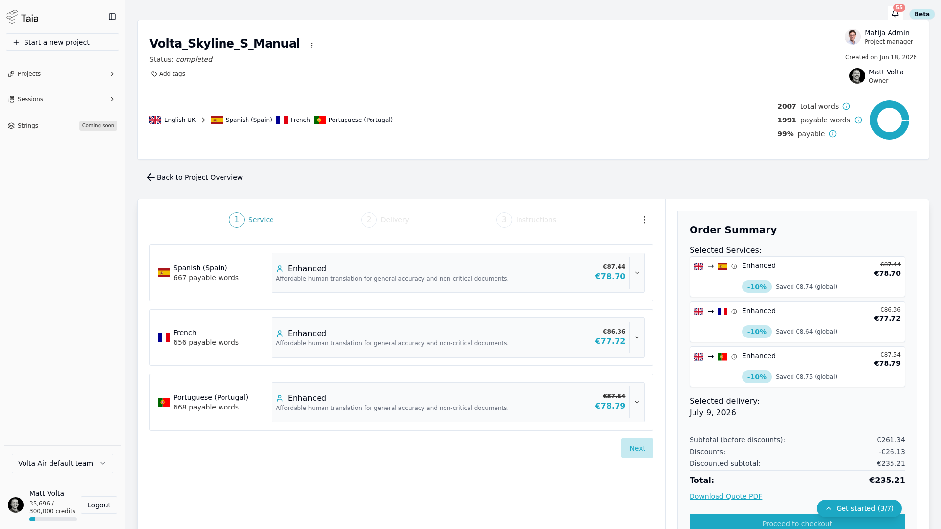 Quote wizard — Service tier per language, with live Order Summary and Proceed to checkout