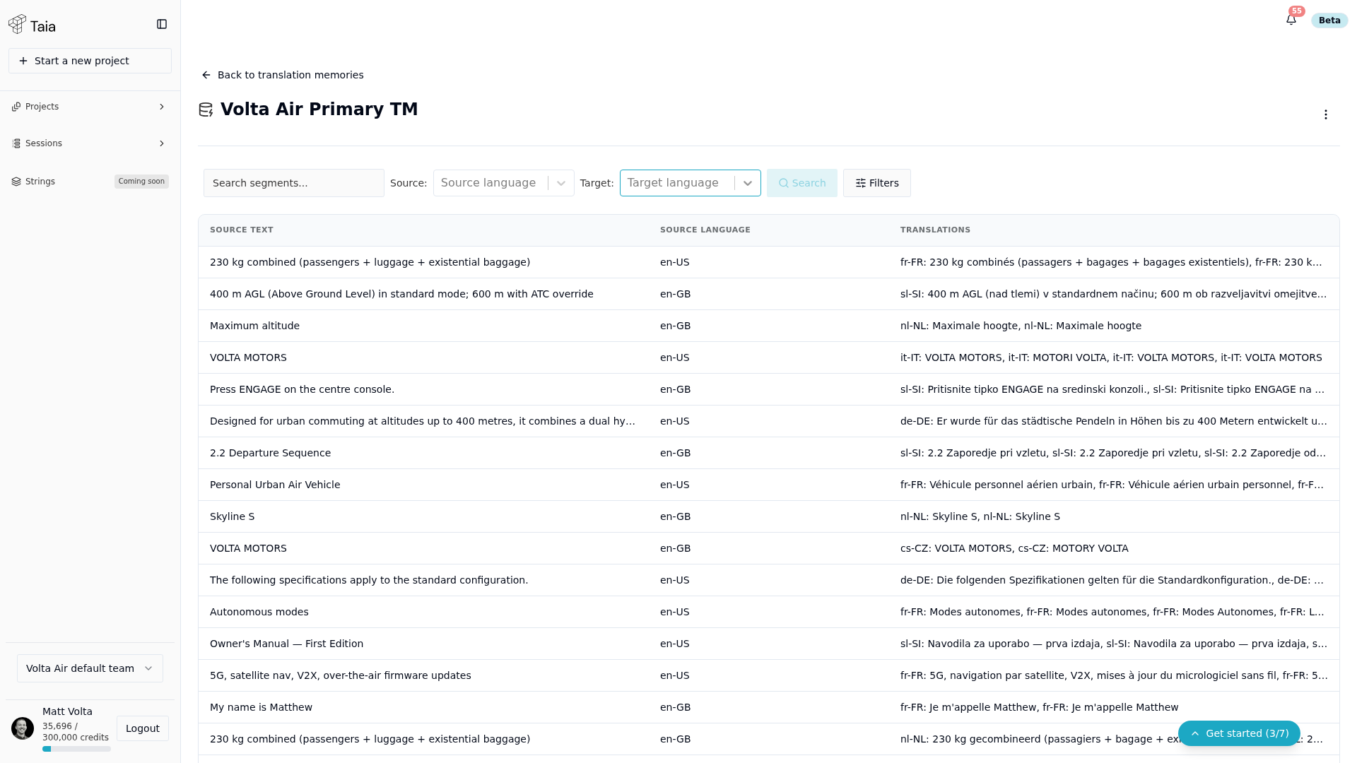 TM detail page — search bar and source/target language filters