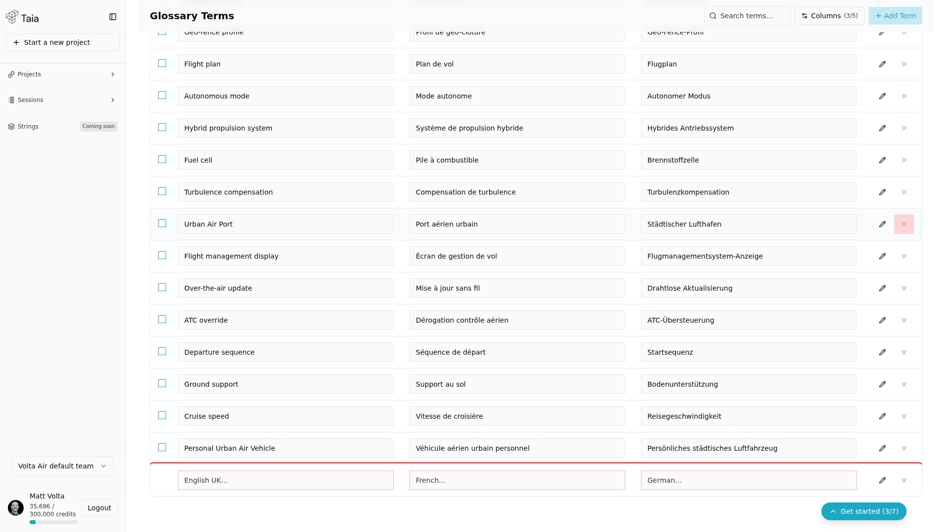 Glossary terms table with a new blank row added, ready for source and target text