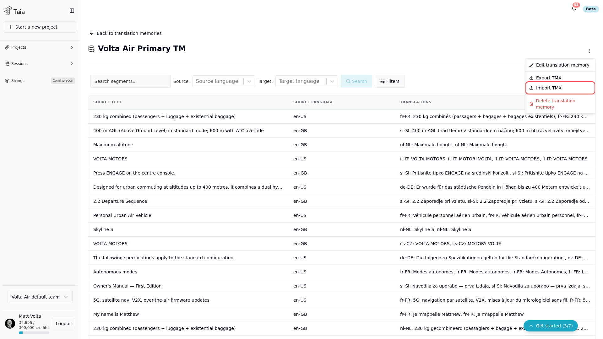 TM actions menu open — Import TMX entry visible