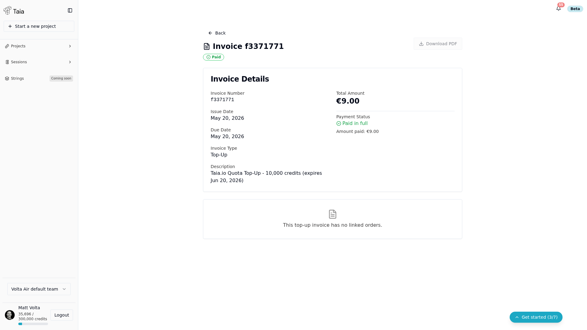 Single invoice page — status, amount, and Download PDF button