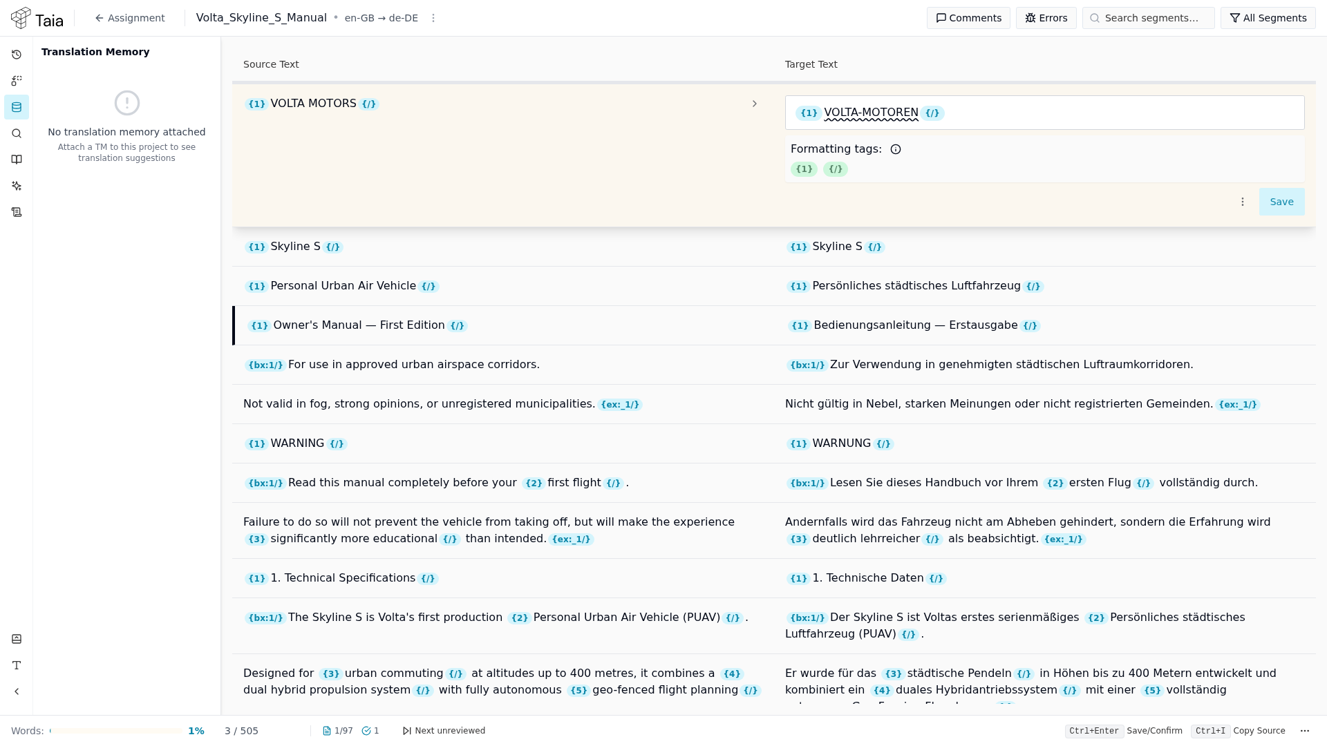 Translation Memory sidebar panel (shown here with no TM attached to this project — match cards render in this same panel once one is)