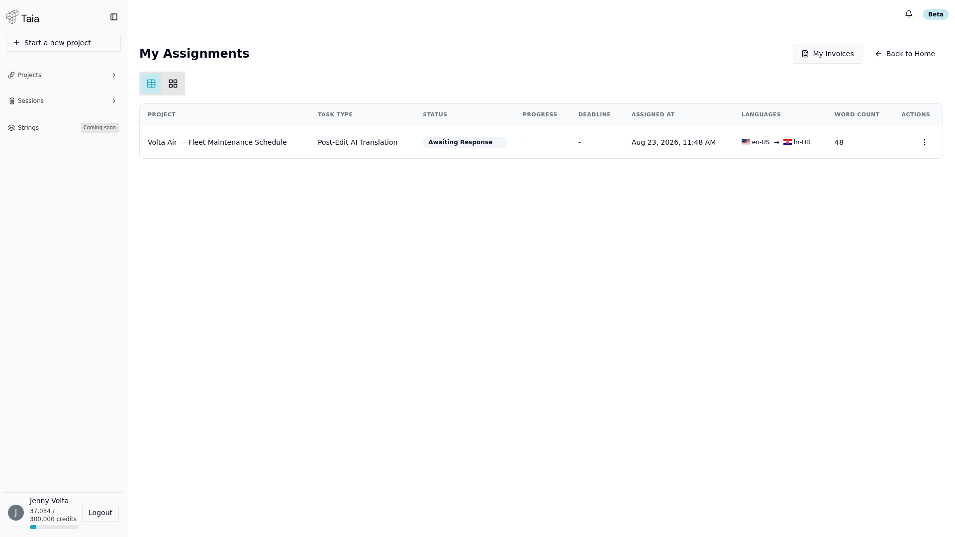 Assignments list — one row per assignment with status and deadline