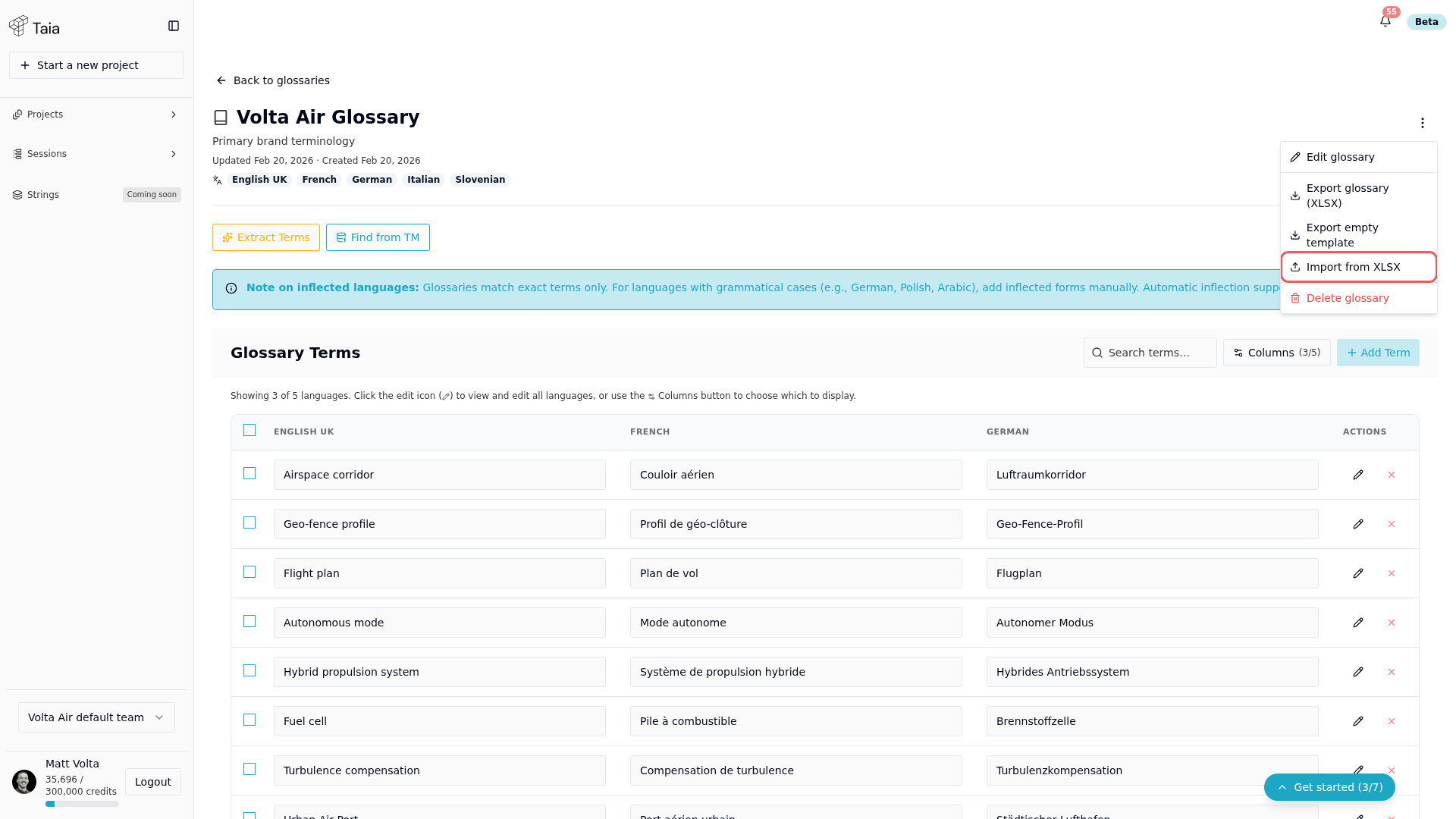 Glossary actions menu open — Import from XLSX entry visible