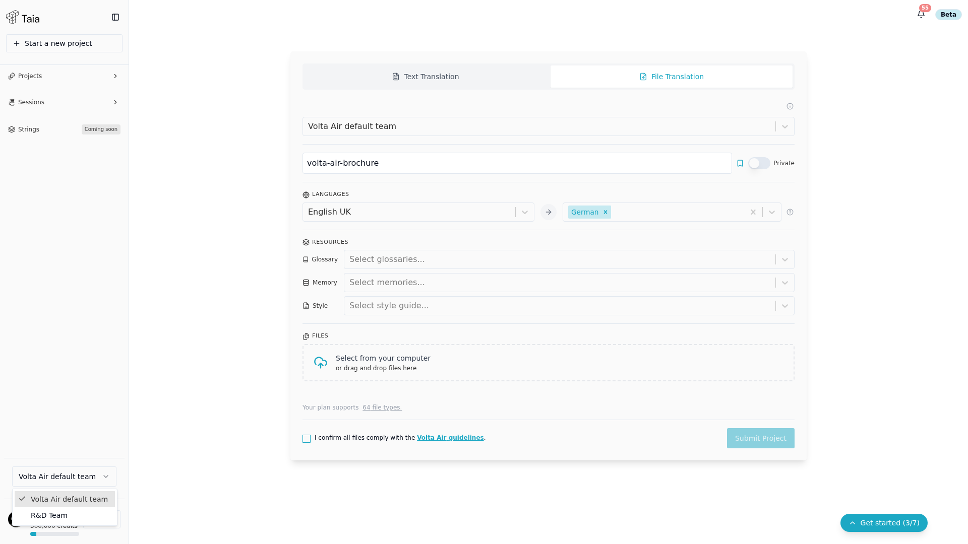 Sidebar team selector dropdown open, multiple teams listed