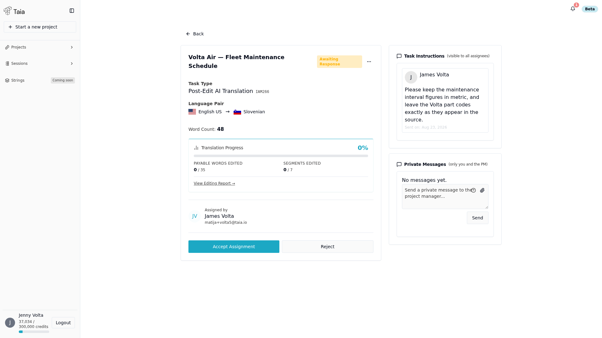 Assignment details page — Accept Assignment and Reject buttons