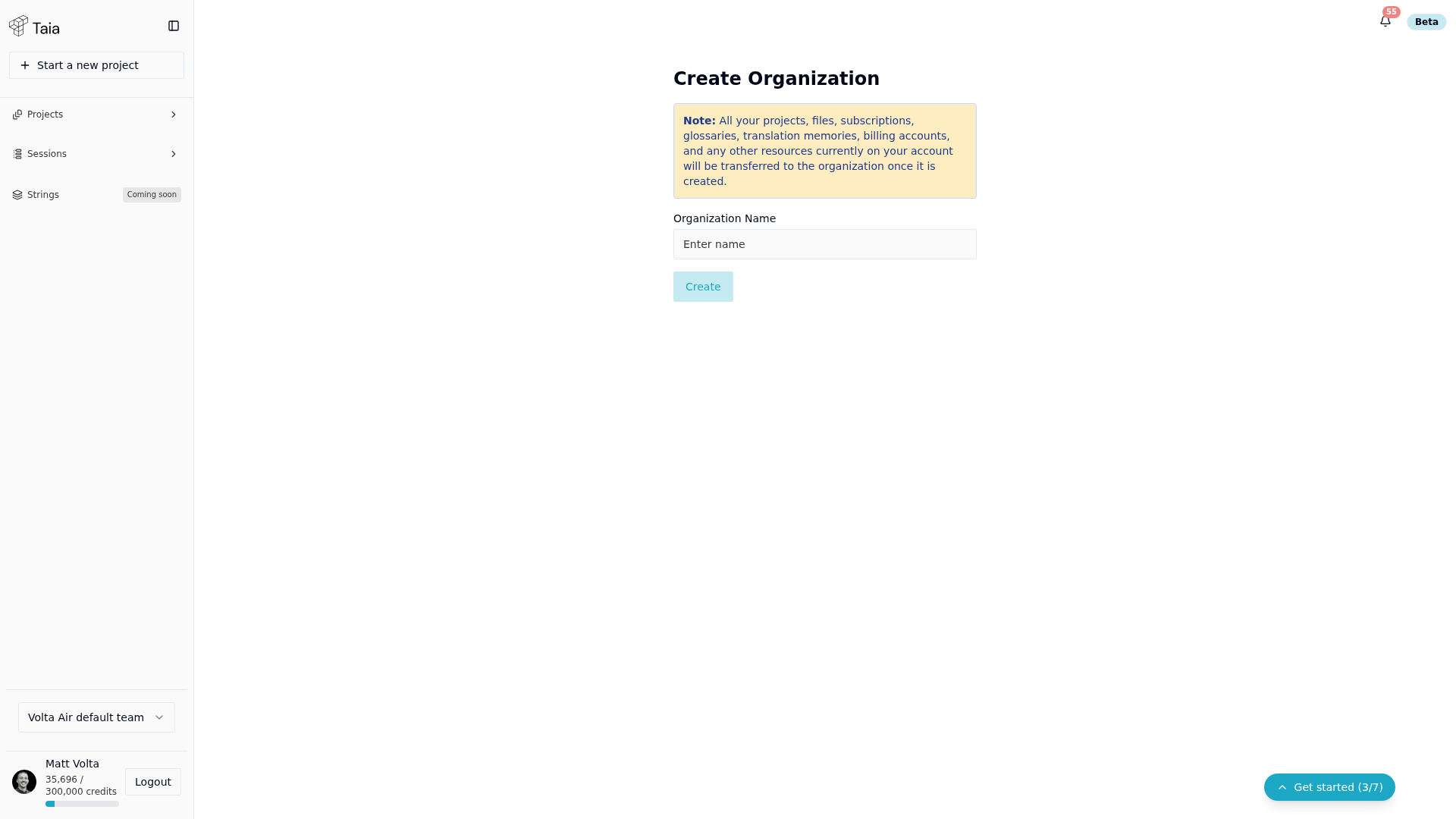 Create Organization form