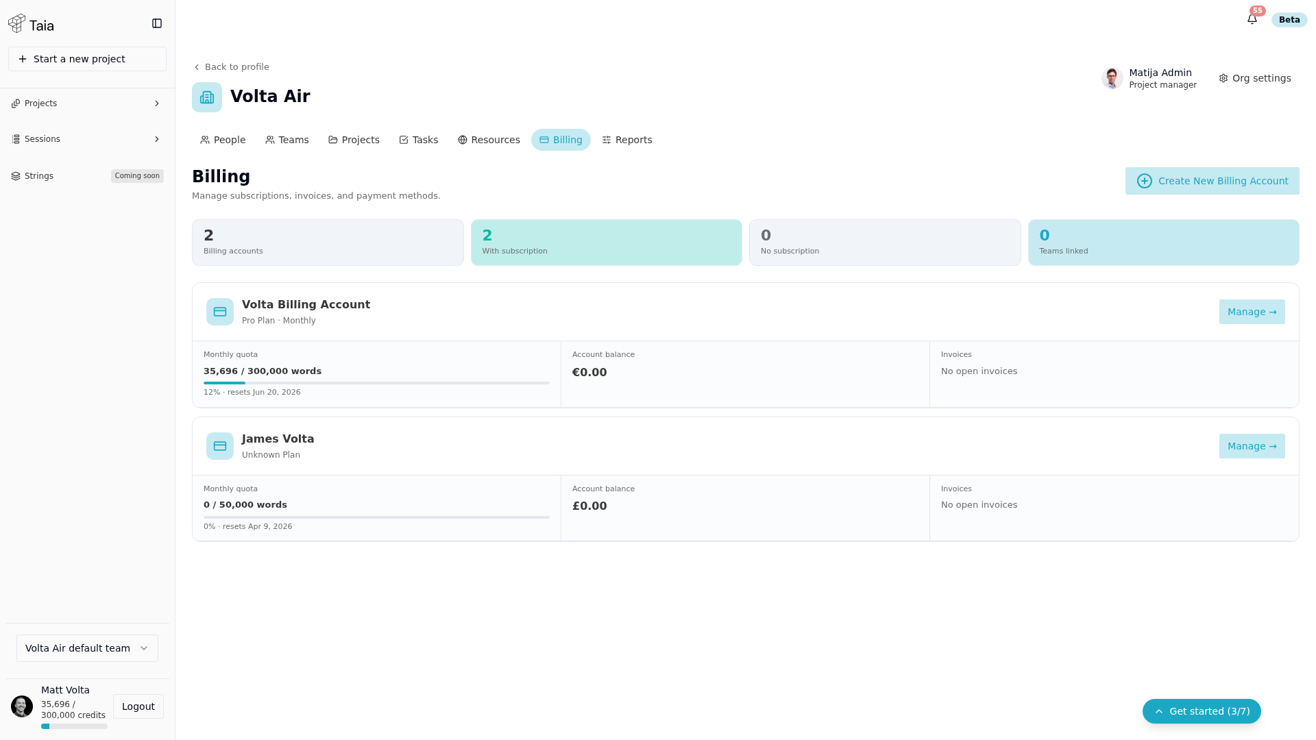 Organization Billing tab — billing accounts with quota, balance, and invoices