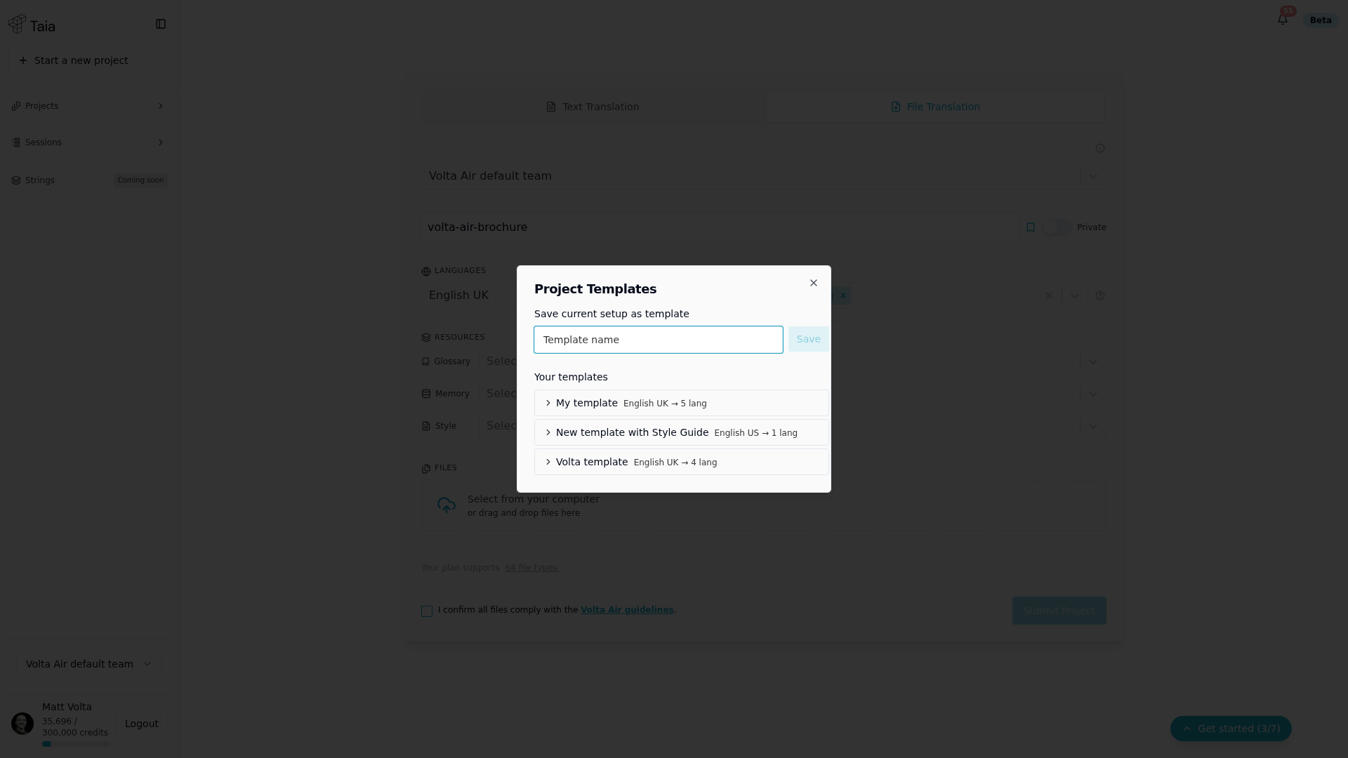 Project Templates dialog — Your templates list