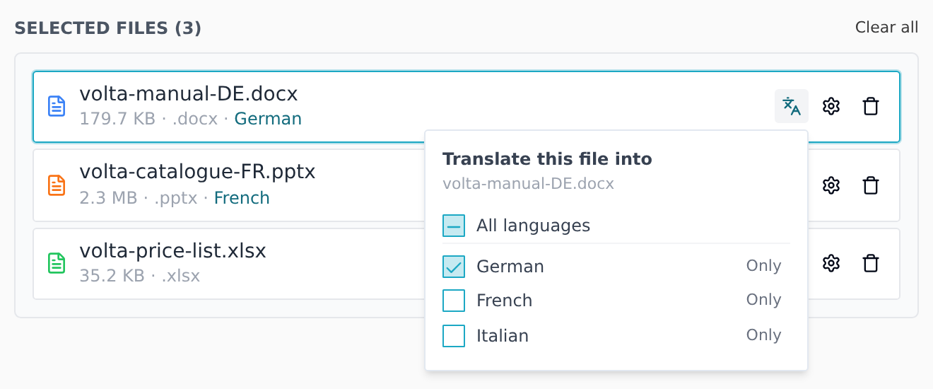 Choosing the target languages for one file