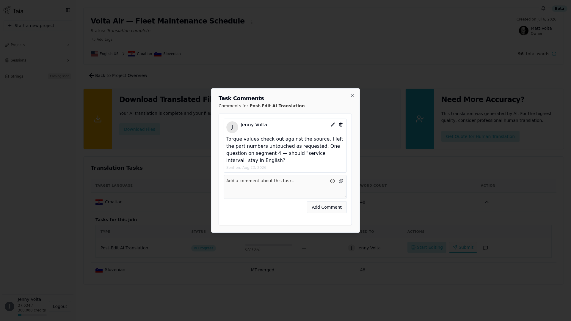 Task Comments dialog with the comment thread and compose box