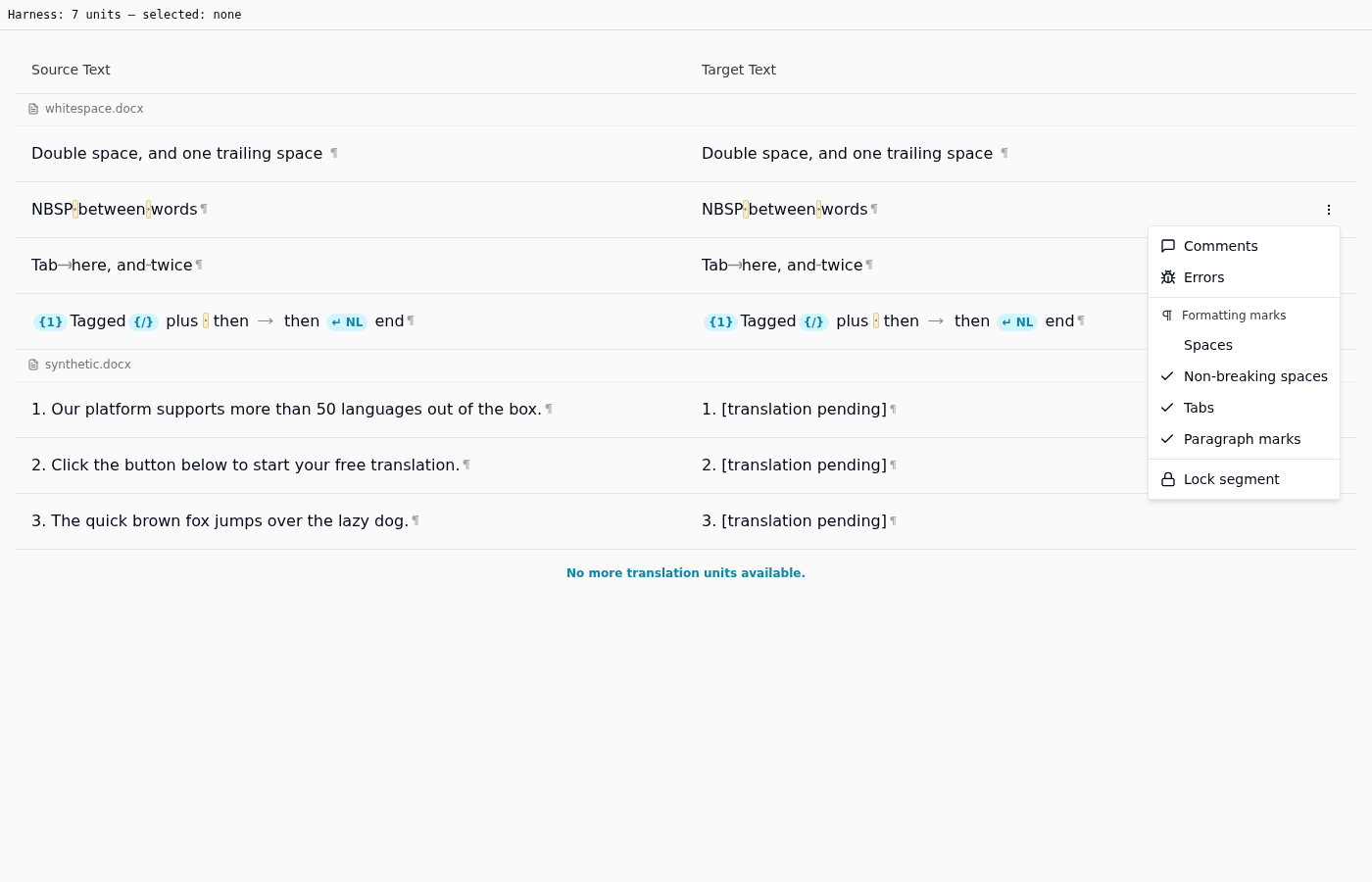 Segment menu open, showing the Formatting marks group with four checkboxes