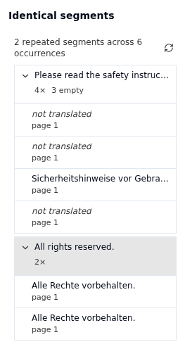 Identical segments panel listing two repeated segments with their occurrences