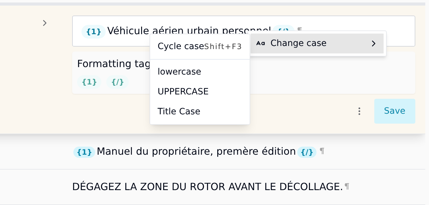 Right-click menu in a target segment, with the Change case submenu open
