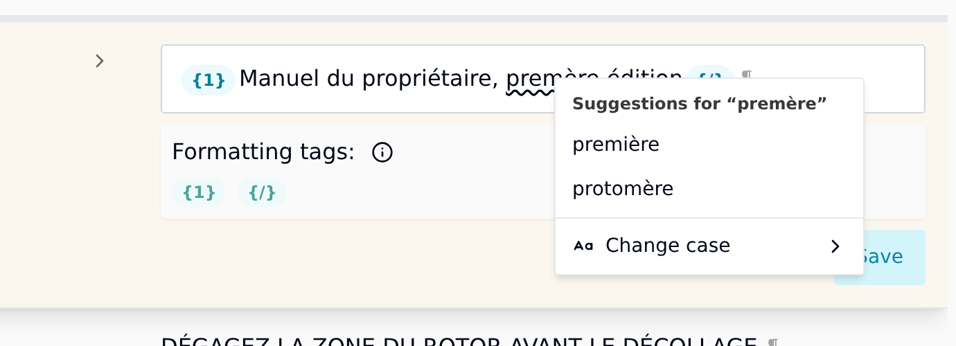 Right-click menu showing spelling suggestions for a misspelled French word