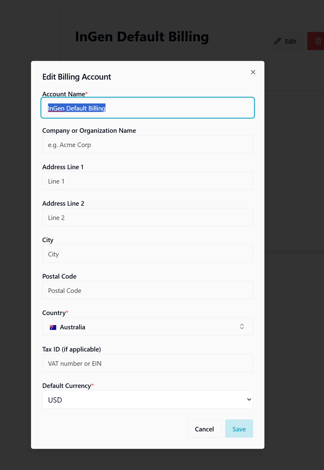 Edit Billing Account