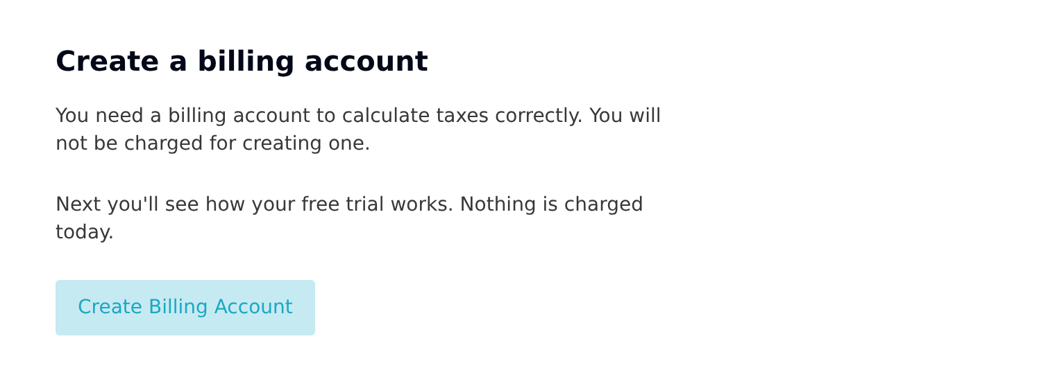 The Create a billing account step before the trial