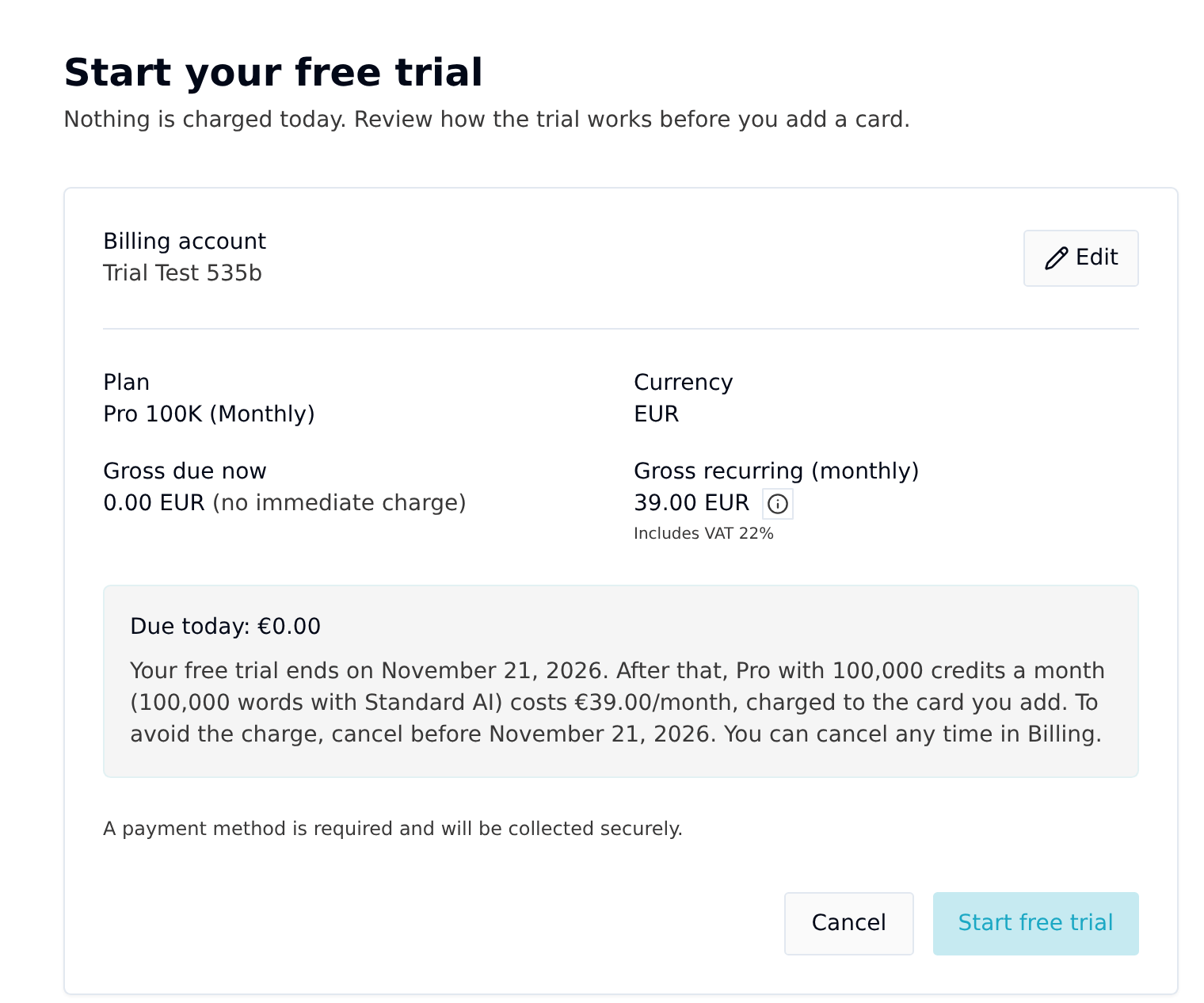 The trial preview: due today, trial end date and the price after the trial