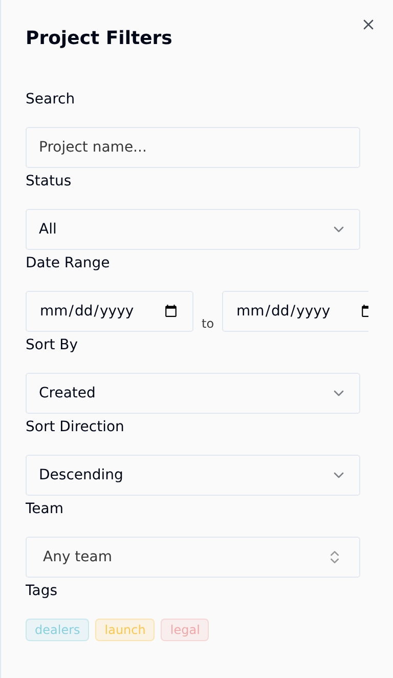 The Project Filters panel with search, status, date range, sort and team fields, and the three tags dealers, launch and legal at the bottom.